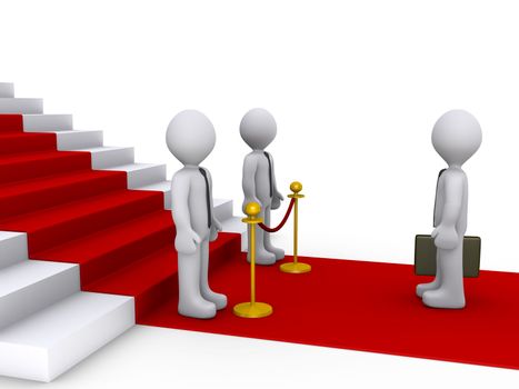 3d businessman standing in front of stairs and two others are blocking his way