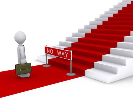 3d businessman is in front of stairs with red carpet and a no way sign