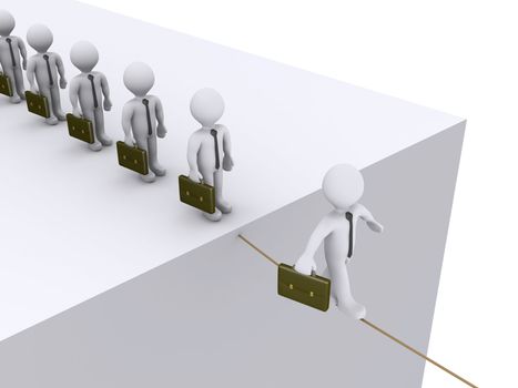 3d businessmen are waiting their turn to walk on rope