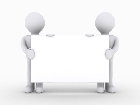 Two 3d people are holding blank sign low