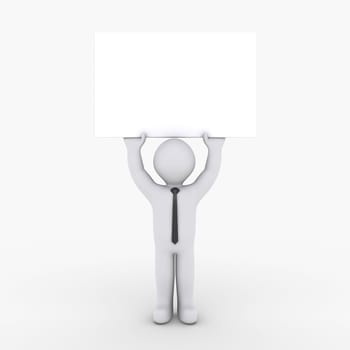 3d businessman is holding a blank sign high