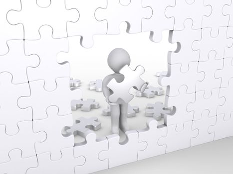 3d person holding puzzle piece about to complete vertical white puzzle