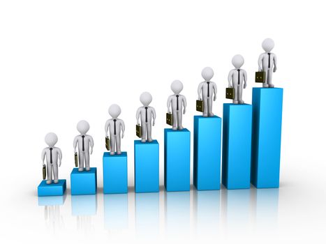 3d businessmen on top of blue columns of chart