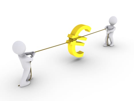 Two 3d persons pulling rope with euro sign against each other