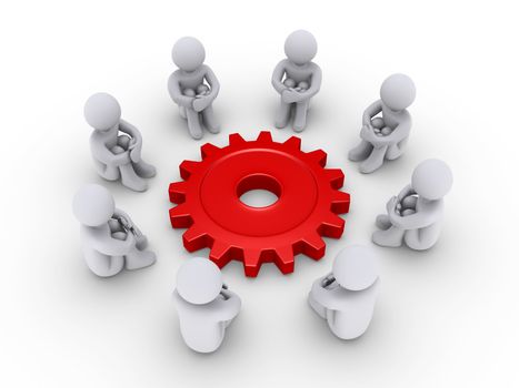 Eight 3d people are sitting around a red cogwheel