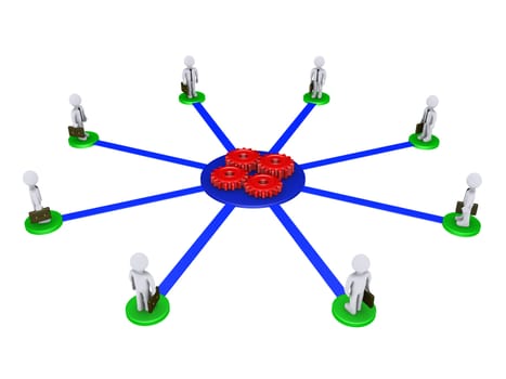 Eight 3d businessmen on pedestals are connected to four red cogs