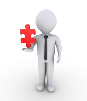 3d businessman is holding on air a red puzzle piece