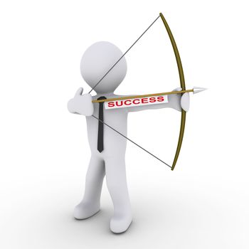 3d businessman as an archer is ready to shoot arrow with a success tag