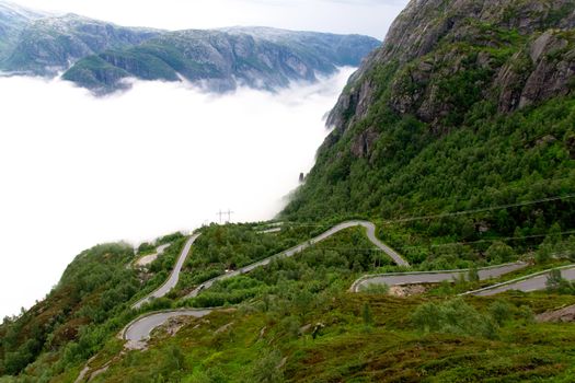 Serpentine road leading to the top of the mountain Kjerag