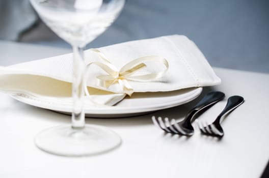 Tables set for meal close up