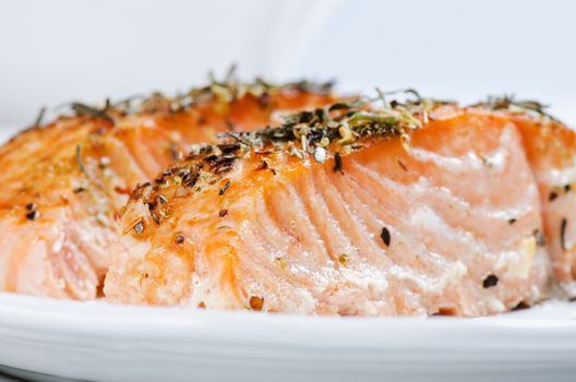 Grilled salmon steaks close up