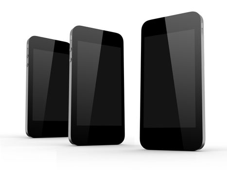 Realistic mobile phones isolated on white background. Modern touch pad device with blank screen and black frame.