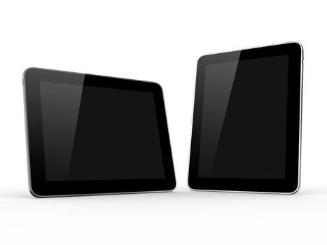 Realistic touch screen tablet computers isolated on white background. Modern touch pad device with blank screen and black frame.