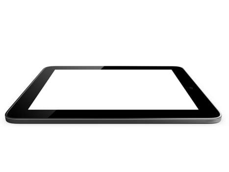 Realistic touch screen tablet computer isolated on white background. Modern touch pad device with blank screen and black frame.