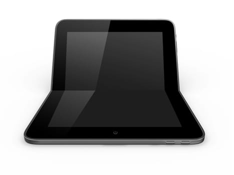 Notebook shaped tablet isolated on white background. Modern touch pad device with blank screen and black frame.