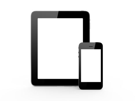 Frontal screens of smart phone and vertical tablet with blank screen isolated on white background.