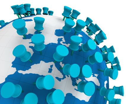 Globe world map and Push Pins isolated in white