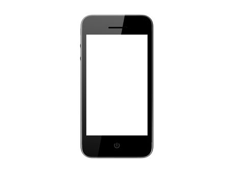 Realistic mobile phone isolated on white background. Modern touch pad device with blank screen and black frame.