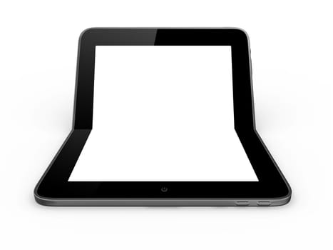 Notebook shaped tablet isolated on white background. Modern touch pad device with blank screen and black frame.