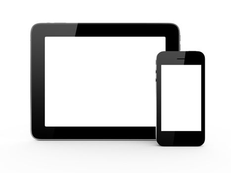 Frontal screens of smart phone and horizontal tablet with blank screen isolated on white background.