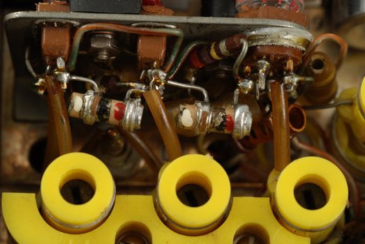 interior of a vintage radio transmitter showing the different old and bulky components used