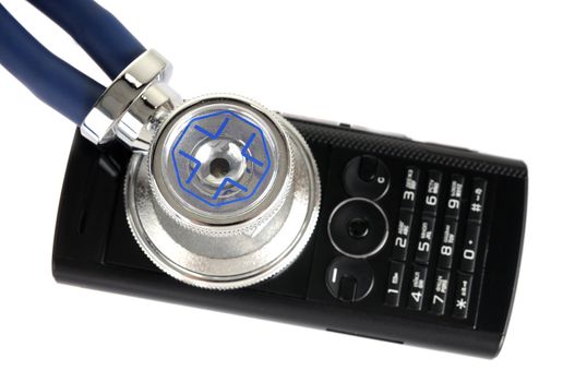 Concept of mobile phone technical support with stethoscope on white background. Focus on stethoscope.