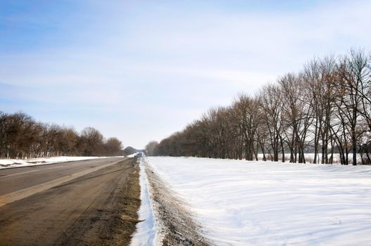 Winter road in the country in Ukraine with blue sky and bare trees along the track