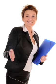 Smiling middle-aged business woman with documents and hand for handshake isolated on white background