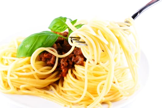 Spaghetti bolognese with fork close up
