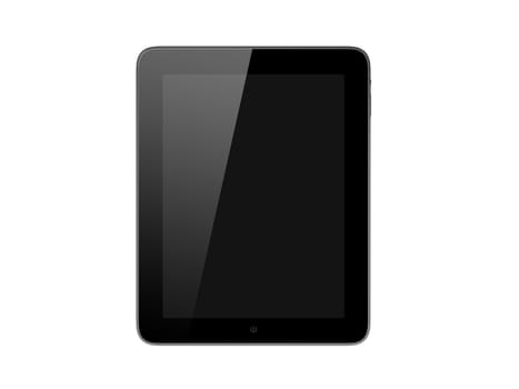 Realistic touch screen tablet computer isolated on white background. Modern touch pad device with blank screen and black frame.