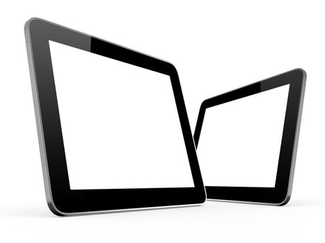 Realistic touch screen tablet computers isolated on white background. Modern touch pad device with blank screen and black frame.