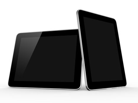 Realistic touch screen tablet computers isolated on white background. Modern touch pad device with blank screen and black frame.