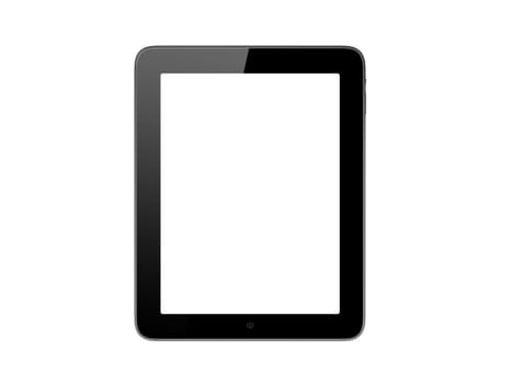 Realistic touch screen tablet computer isolated on white background. Modern touch pad device with blank screen and black frame.