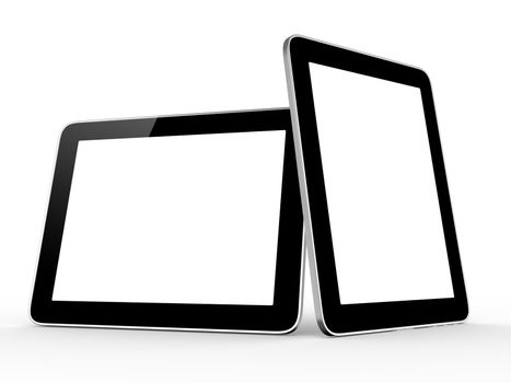Realistic touch screen tablet computers isolated on white background. Modern touch pad device with blank screen and black frame.
