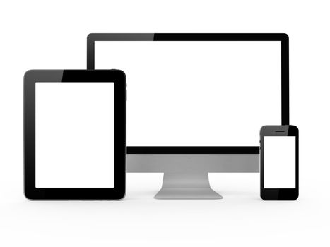 Frontal screens of monitor, smart phone and tablet with blank screen isolated on white background.