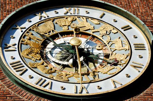 Astronomical clock on wall City Hall (Radhuset) Oslo, Norway