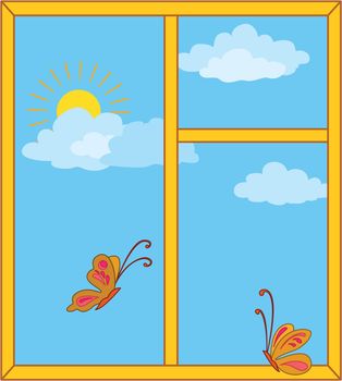 Window with a blue cloudy sky, sun and butterflies