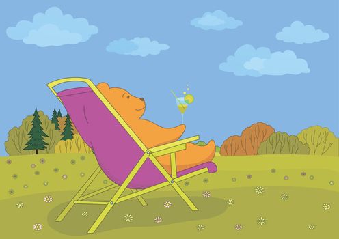 Cartoon, teddy bear sitting in a chaise lounge and drinks a cocktail, looks at the beautiful autumn forest landscape