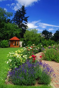 Beautiful garden with blooming roses, brick path and a small gazebo