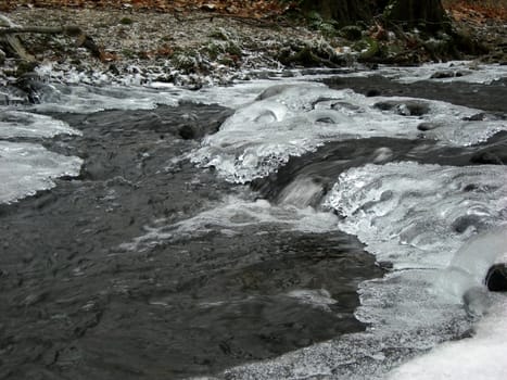 Flowing water in a brook is covered by clear ice