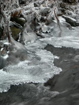 Flowing water in a brook is covered by clear ice