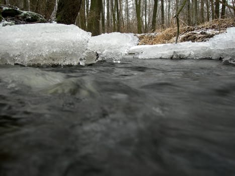 Flowing water in a brook is covered by clear ice