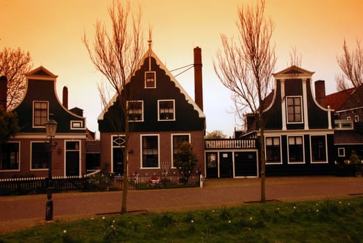 Traditional Dutch h. Sunsetouses in town of Zaandam