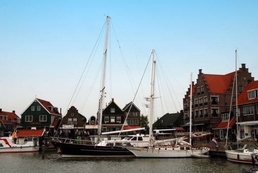 Traditional houses and port in a Dutch town Volendam  