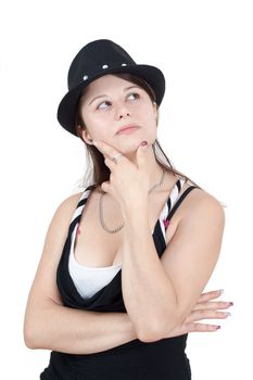 young brunette girl with black hat wearing is thinking about somethink