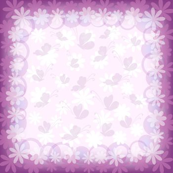 Abstract lilac and white background with butterflies and flowers