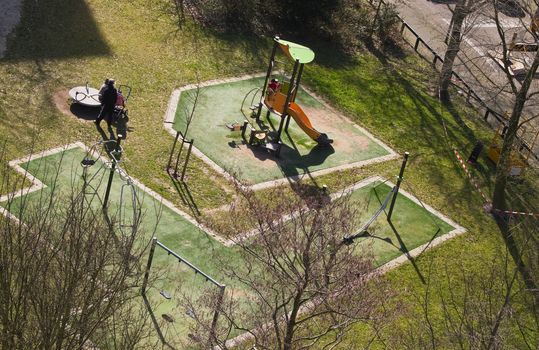 Playground for children in suburb as seen from 10th floor of appartment building - Vlaardingen, the Netherlands