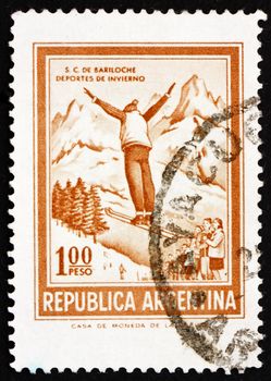 ARGENTINA - CIRCA 1971: a stamp printed in the Argentina shows Ski Jumper, circa 1971
