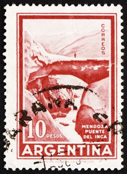 ARGENTINA - CIRCA 1960: a stamp printed in the Argentina shows Inca Bridge, natural arch over the Vacas River, Mendoza, Argentina, circa 1960