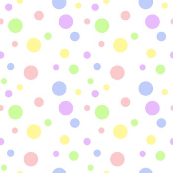 Seamless pattern of soft baby pastel color polka dots in various sizes on white background